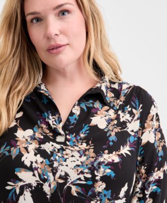 Plus Size Collared V-Neck Roll-Tab-Sleeves