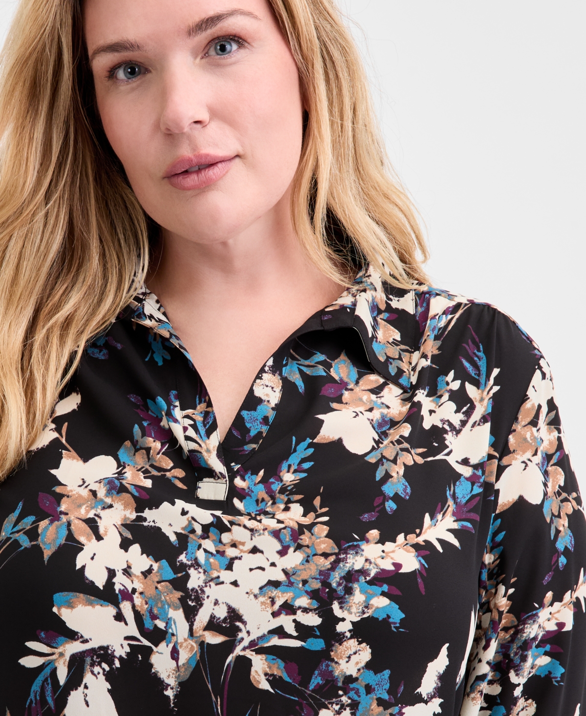 Ak Anne Klein Plus Size Printed Collared V-neck Blouse In Multi
