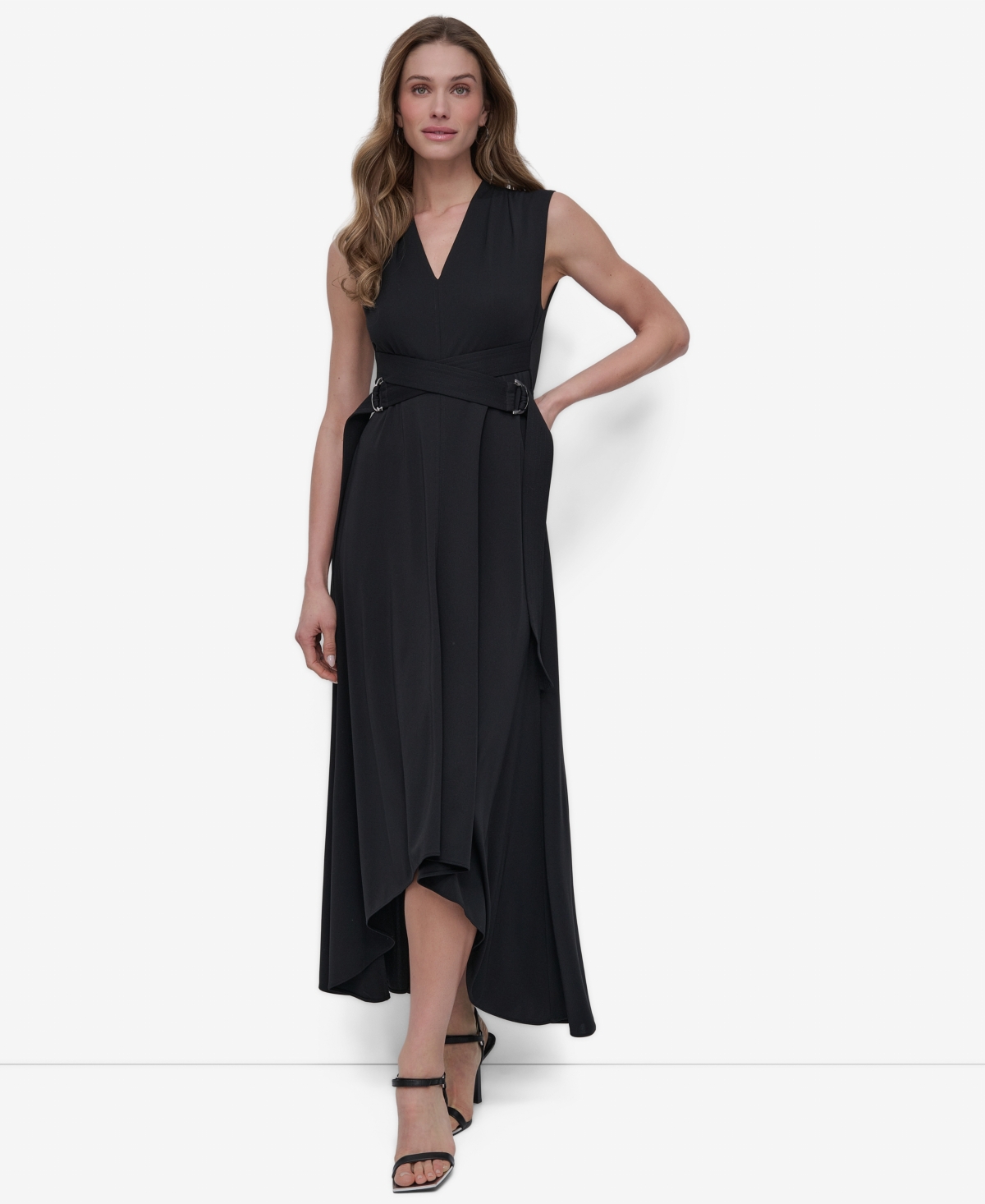 Women's V-Neck Sleeveless Belted High-Low Hem Dress - Black