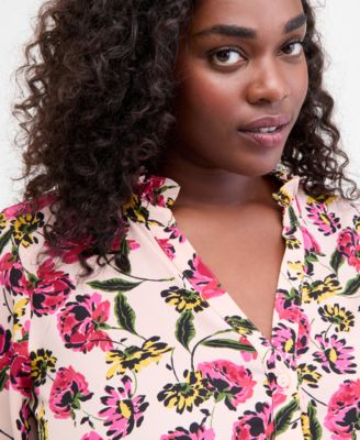 Trendy Plus Size Floral Ruffle-Trim Split-Neck Blouse, Macy's Exclusive