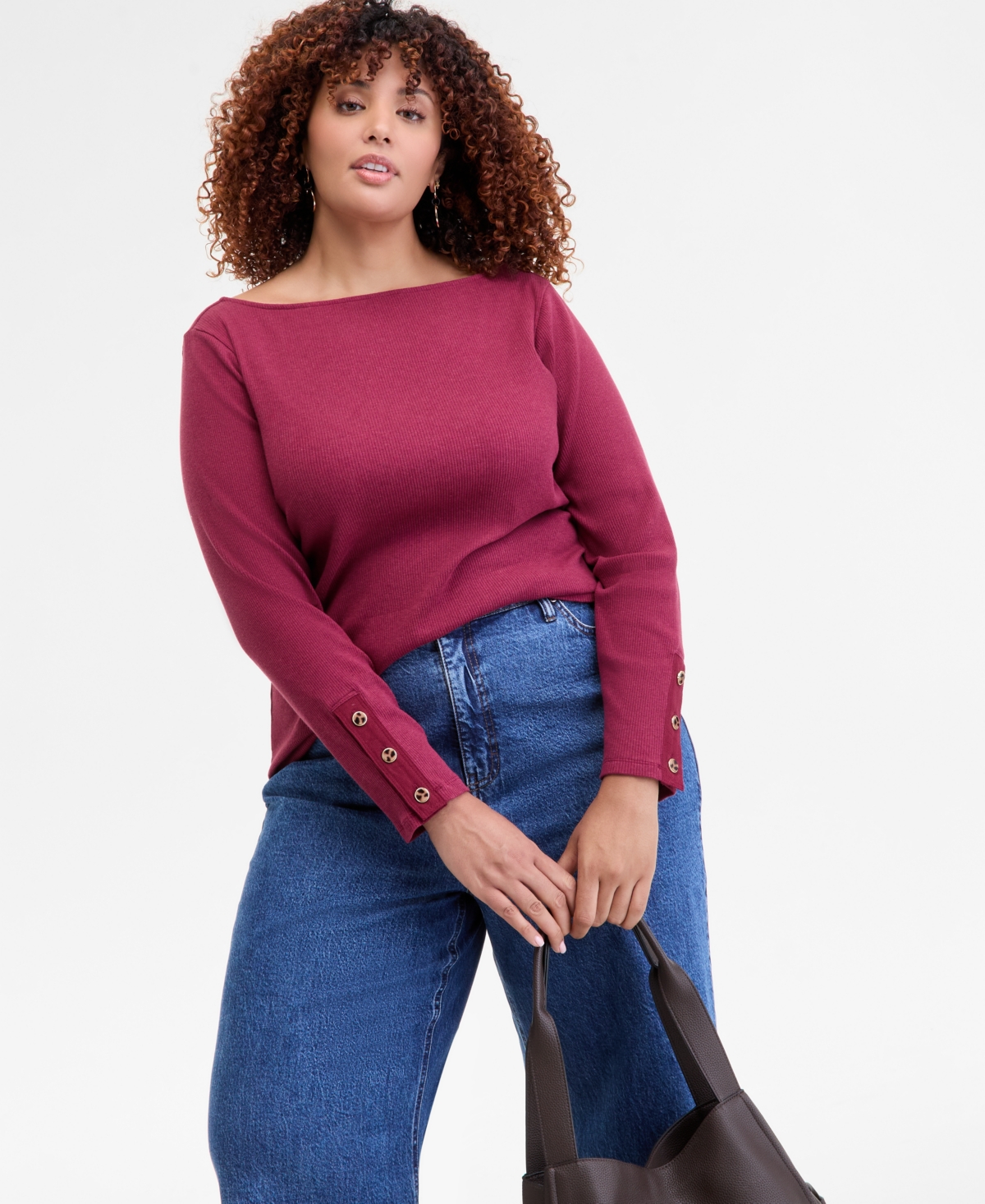 On 34th Trendy Plus Size Button-cuff Boatneck Top, Macy's Exclusive In Burgundy