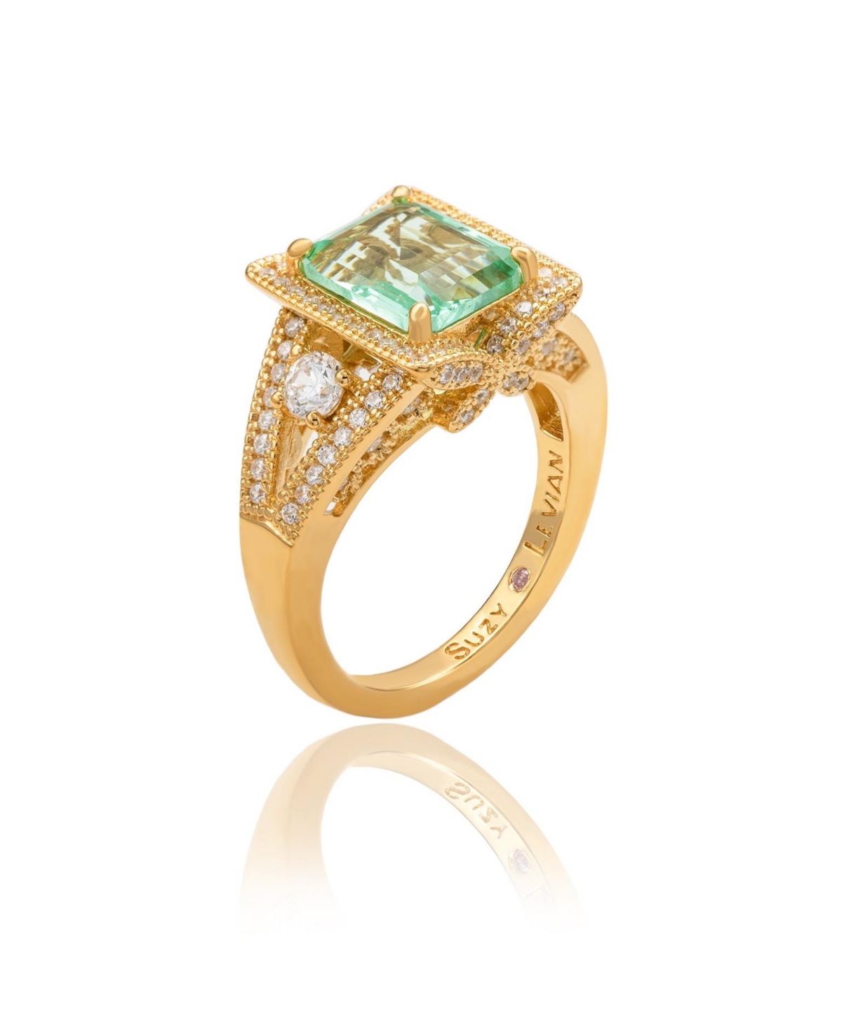 Suzy Levian Sterling Silver Emerald Cut Cubic Zirconia French Filigree Ring - Green