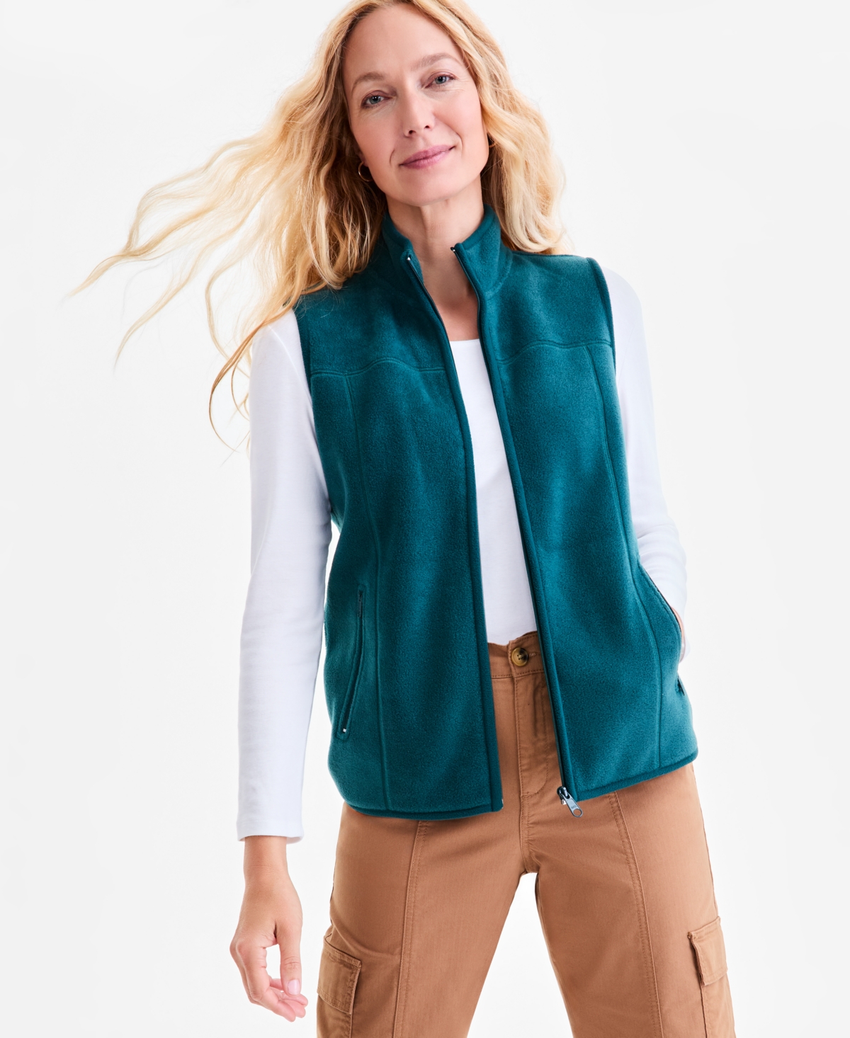 Style & Co Women's Zip-front Polar Fleece Vest, Created For Macy's In Green
