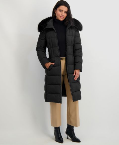 Женские куртки Tahari Faux-Fur-Trim Hooded Belted Puffer Coat