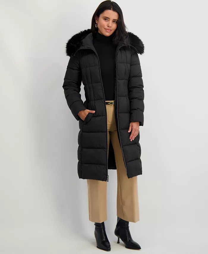 Women's Faux-Fur-Trim Hooded Belted Puffer Coat
