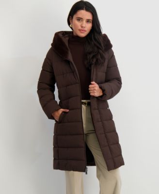 Women's Faux-Fur-Trim Hooded Belted Puffer Coat