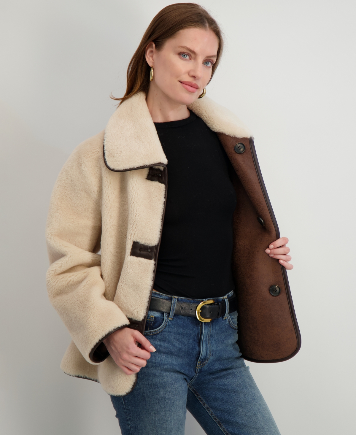 Tahari Kai Reversible Faux Shearling Jacket In Neutral