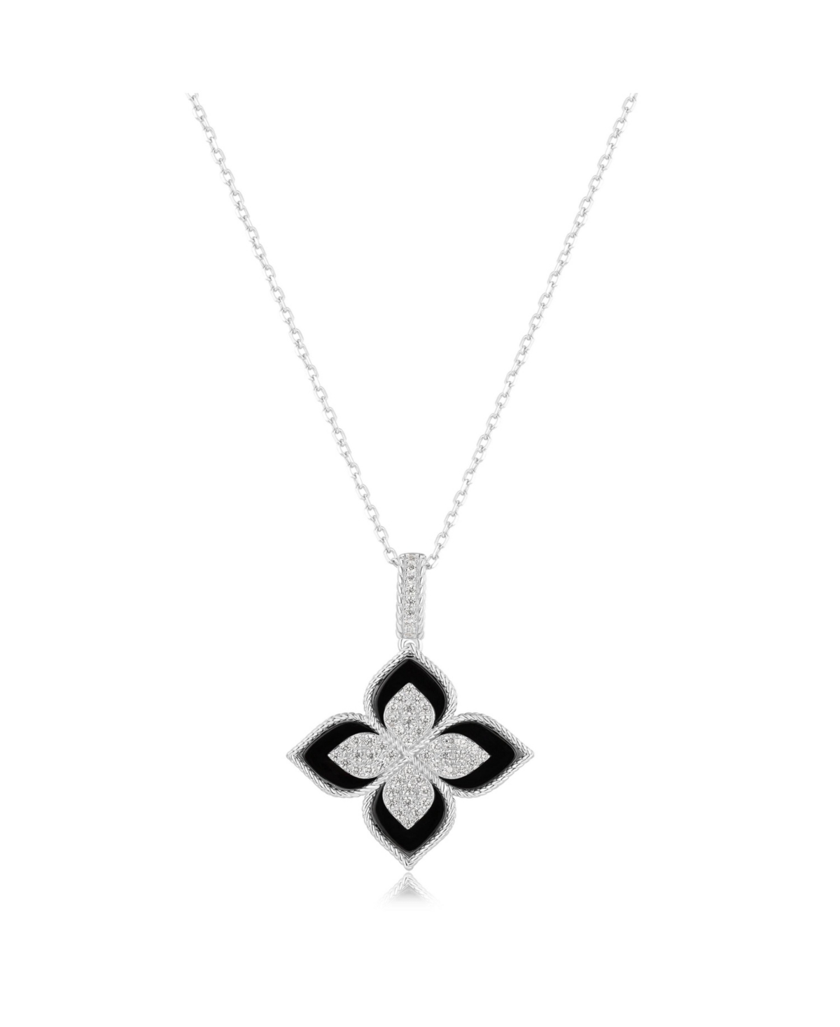 Suzy Levian Sterling Silver Black Enamel White Cubic Zirconia Pave Flower Clover Pendant - Mother of pearl