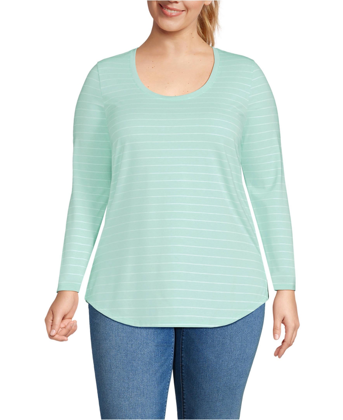 Plus Size Long Sleeve Power Performance Scoop Neck Curved Hem Tunic Tee - Soft sky blue pinstripe
