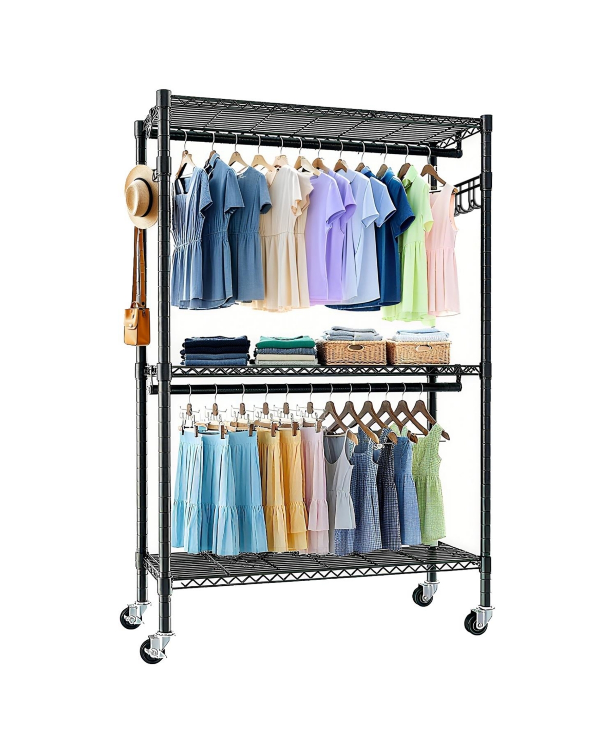 Heavy Duty Rolling Clothes Rack with Shelves & Hooks - Black