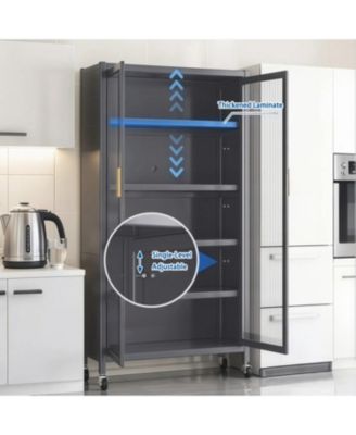 65" Kitchen Pantry Cabinet with Transparent Door & Wheels Gray