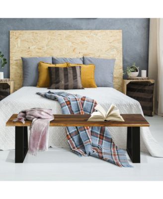 2 PCS Solid Acacia Wood Patio Bench Dining Bench Outdoor W/Rustic Metal Legs