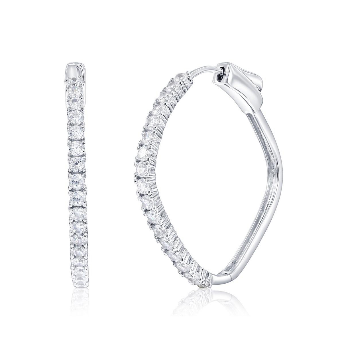 Sterling Silver, Diamond-Shaped 30mm Cz Hoop Earrings - Silver