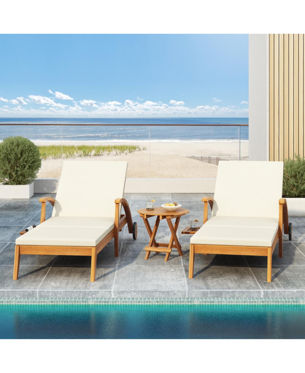 Streamdale Furniture Acacia Wood Chaise Lounge - Adjustable Wheeled 800lb Capacity