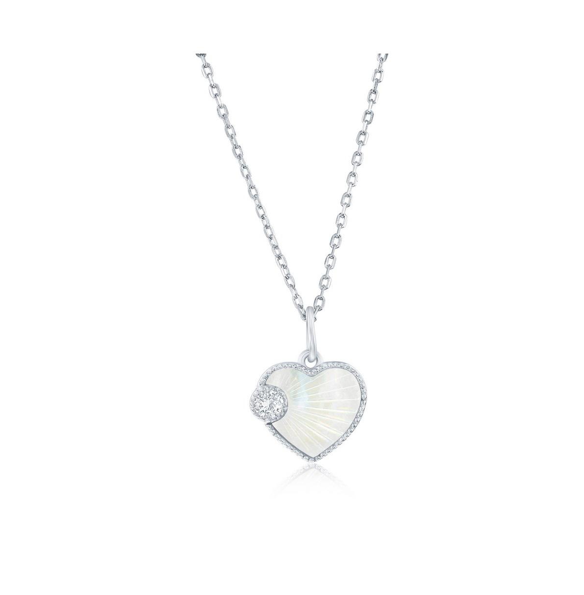 Sterling Silver, Mop & Cz Heart Necklace - Silver