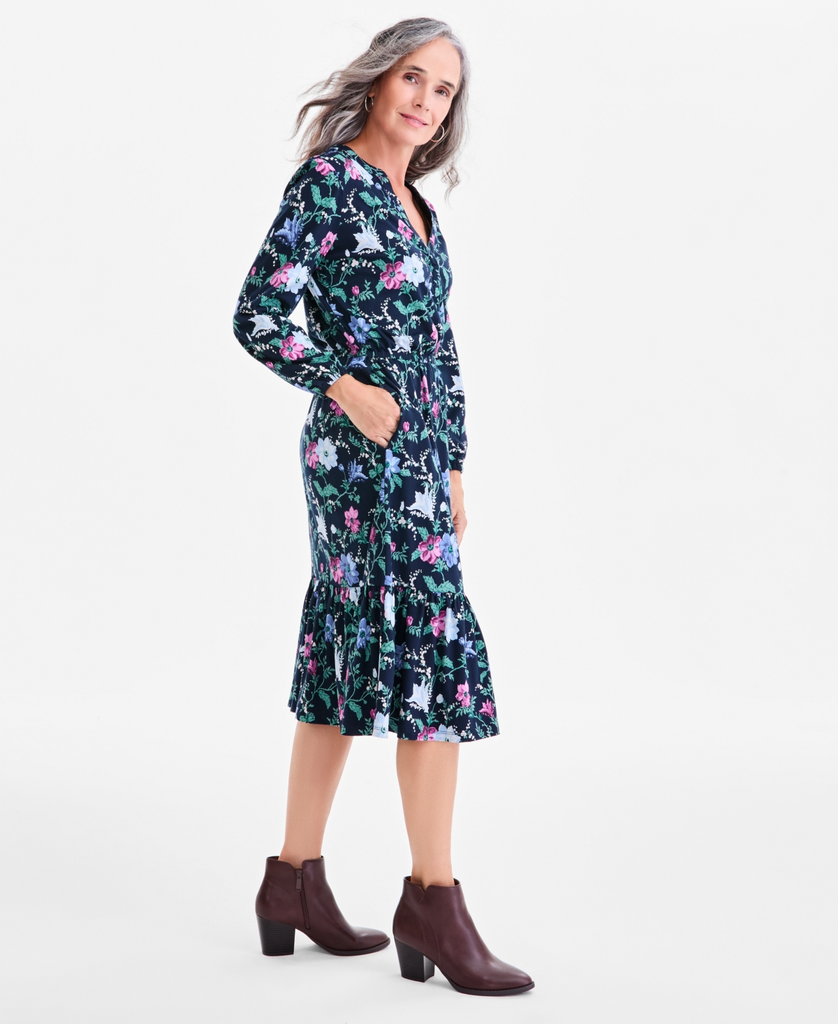 Style & Co Petite Chintz Floral Flared Knit Midi Dress, Macy's Exclusive In Multi