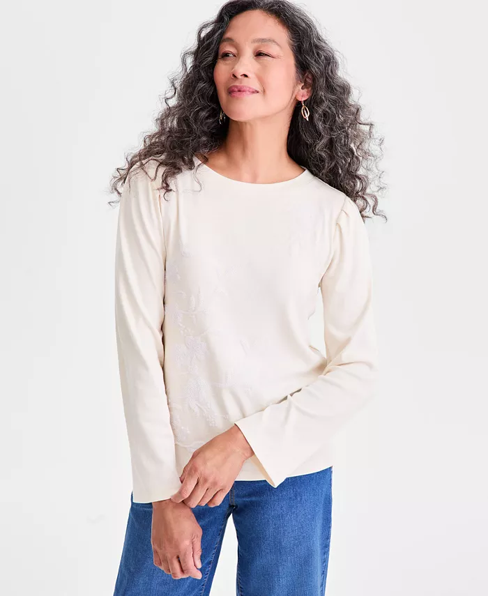 Women's Cotton Sequined-Trim Long-Sleeve Top