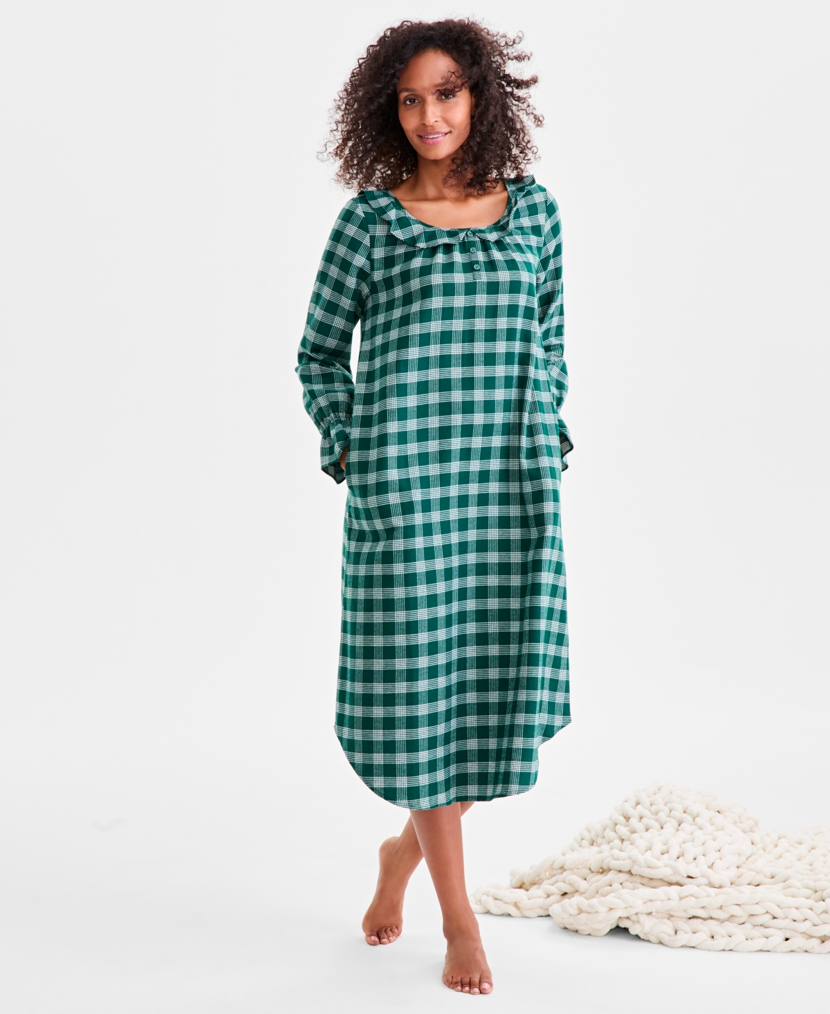 Charter Club Women's Flannel Ruffle-Neck Long Sleeve Nightgown