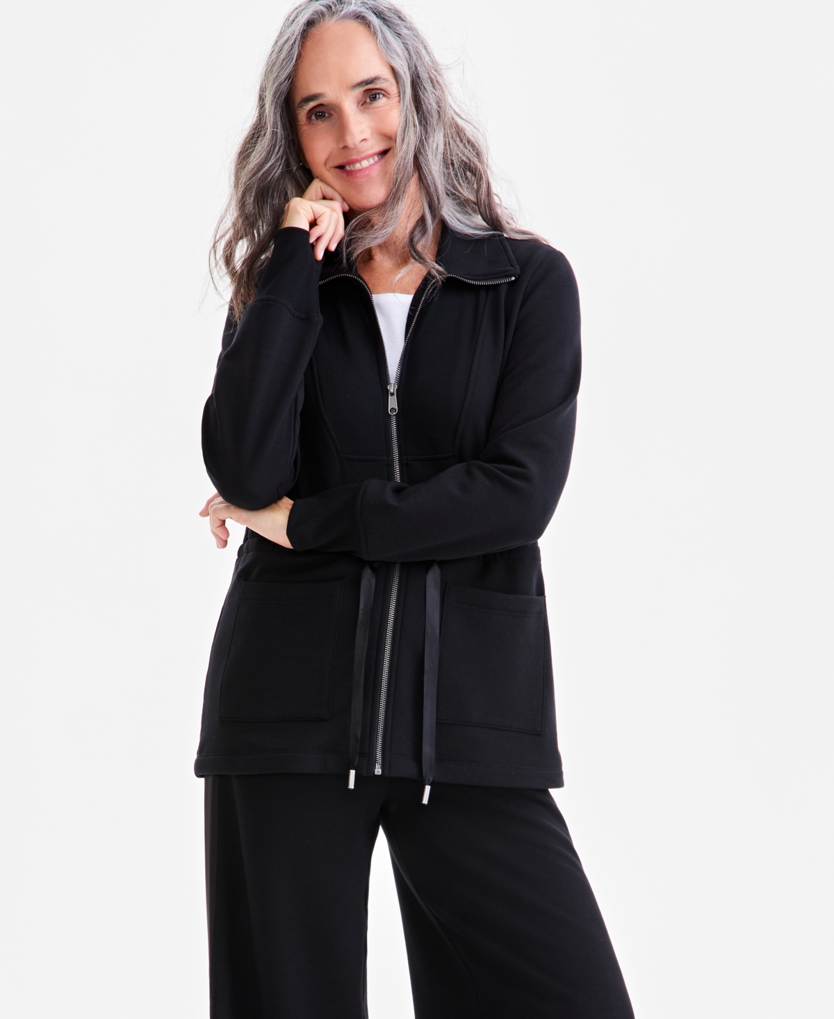 Style & Co Luxe-fleece Front-zip Drawstring-waist Jacket, Macy's Exclusive In Black