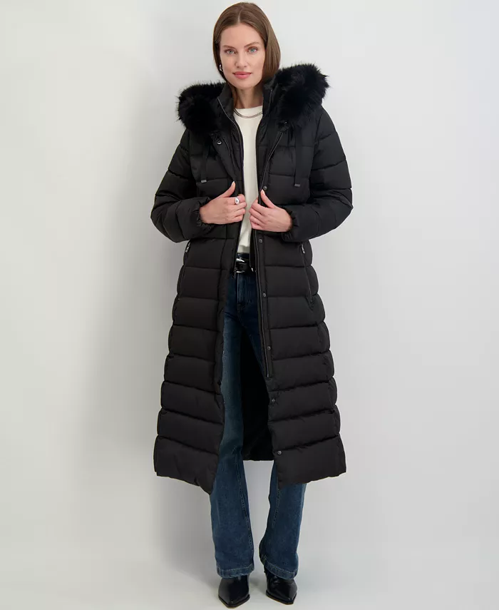 Womens Maxi Shine Bibbed Faux-Fur-Trimmed Hooded Puffer Coat - thumbnail 4