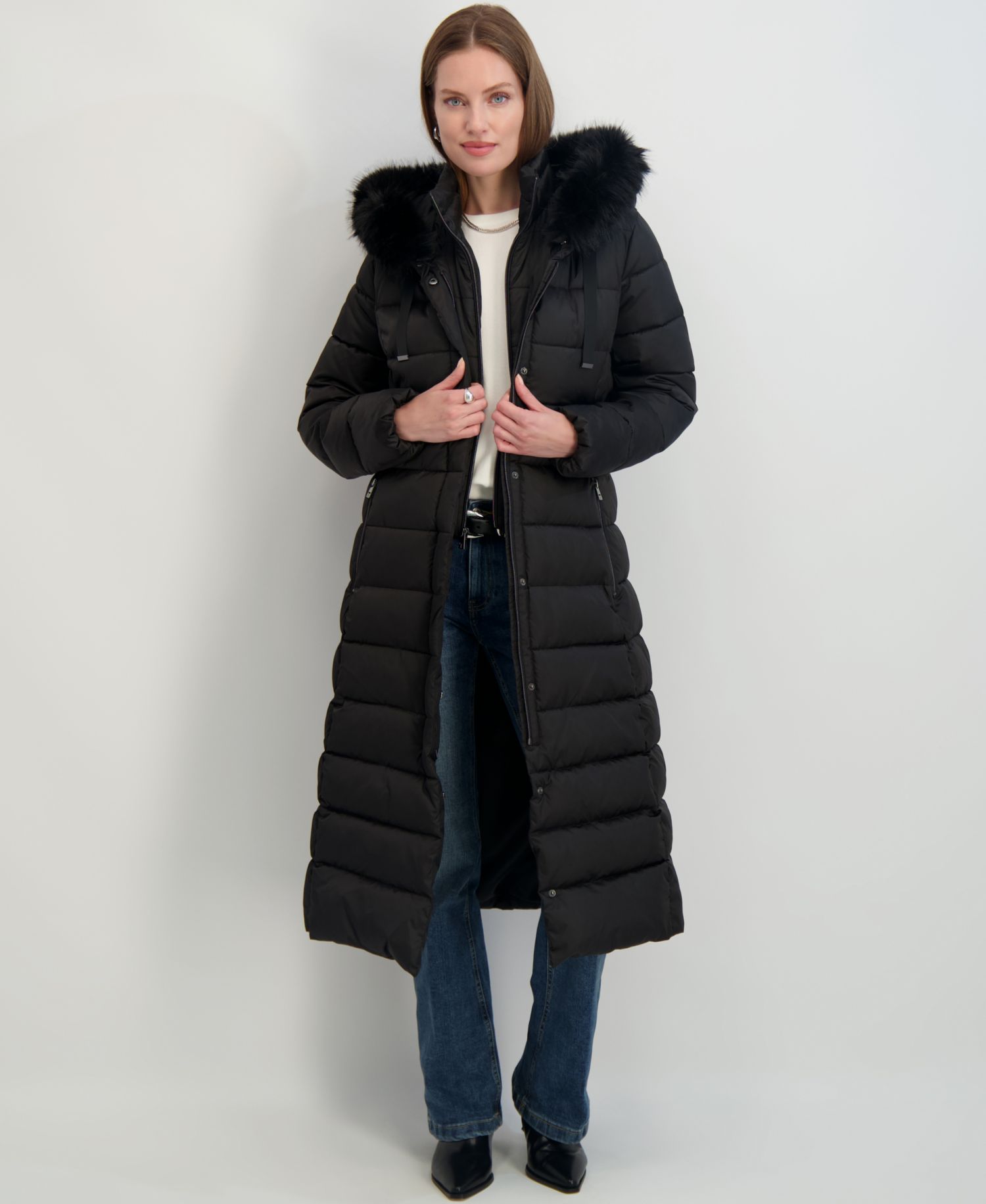 Womens Maxi Shine Bibbed Faux-Fur-Trimmed Hooded Puffer Coat