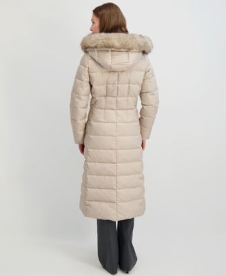 Womens Maxi Shine Bibbed Faux-Fur-Trimmed Hooded Puffer Coat