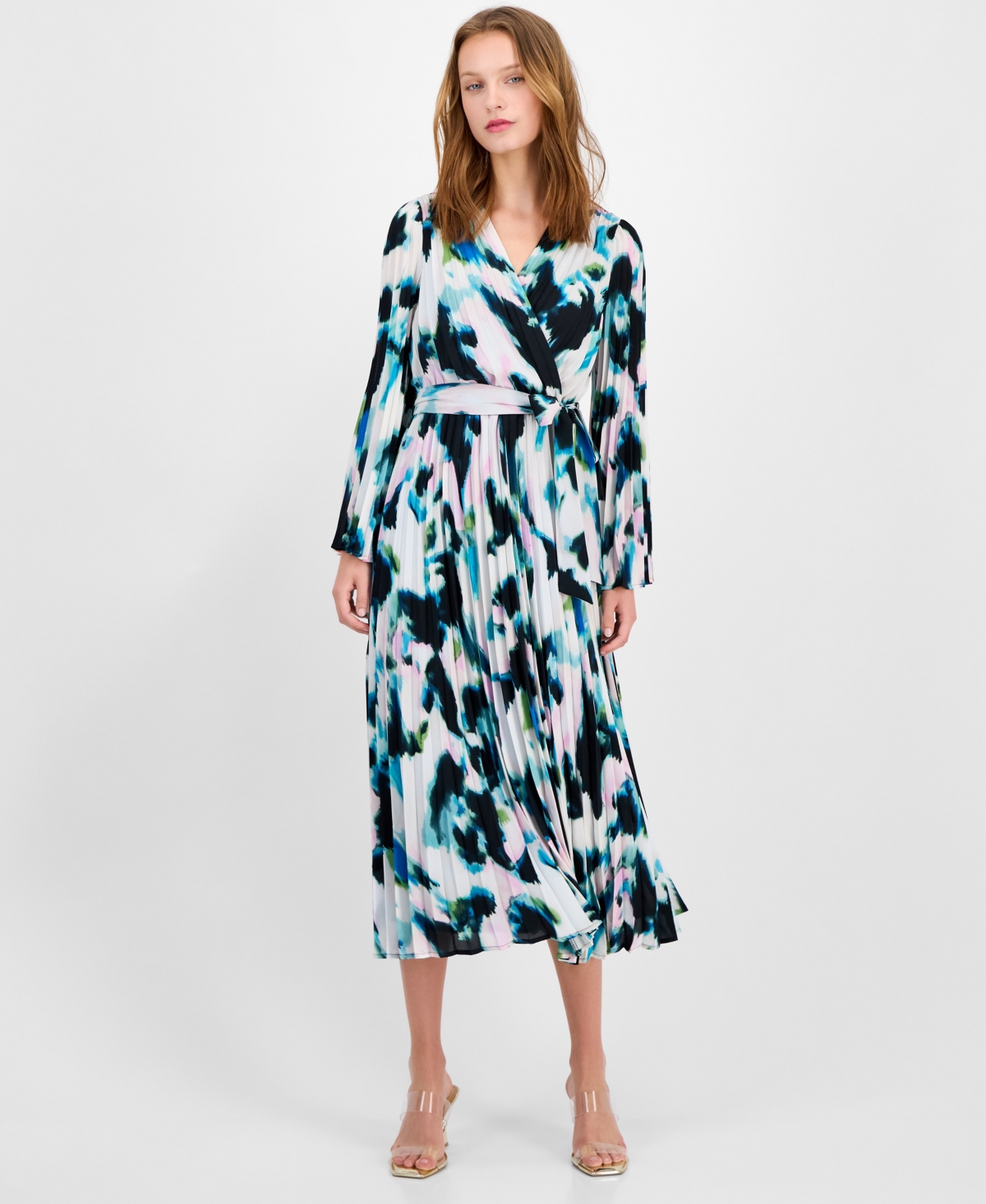 Inc International Concepts Petite Printed Pleated Dress, Macy's Exclusive In Blue