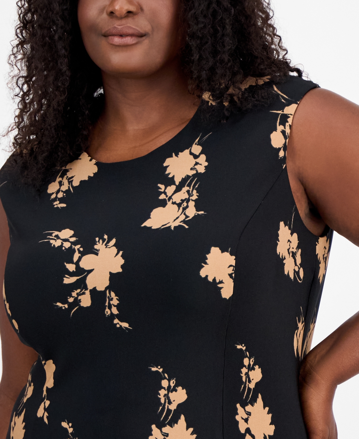 Connected Plus Size Floral-print Fit & Flare Dress In Black