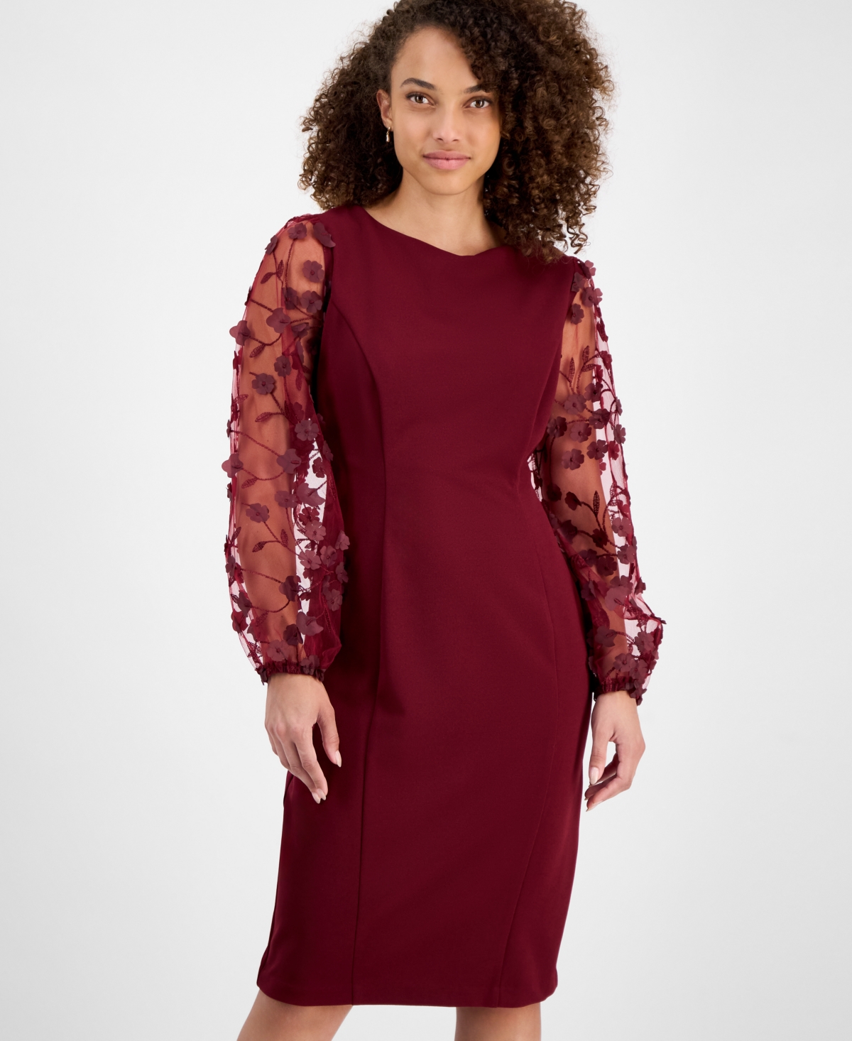 Connected Petite Sheer-sleeve Applique Sheath Dress In Red
