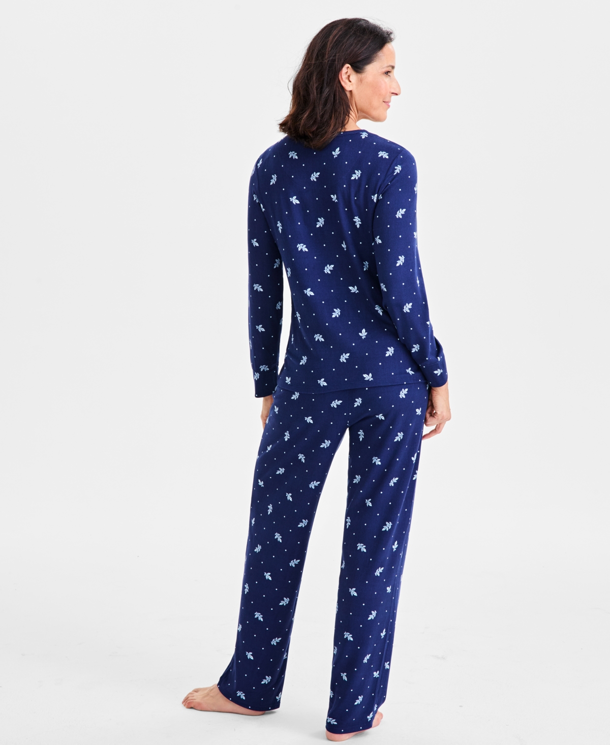 Charter Club Plus Size Long-sleeve Henley Knit Pajama Set In Blue