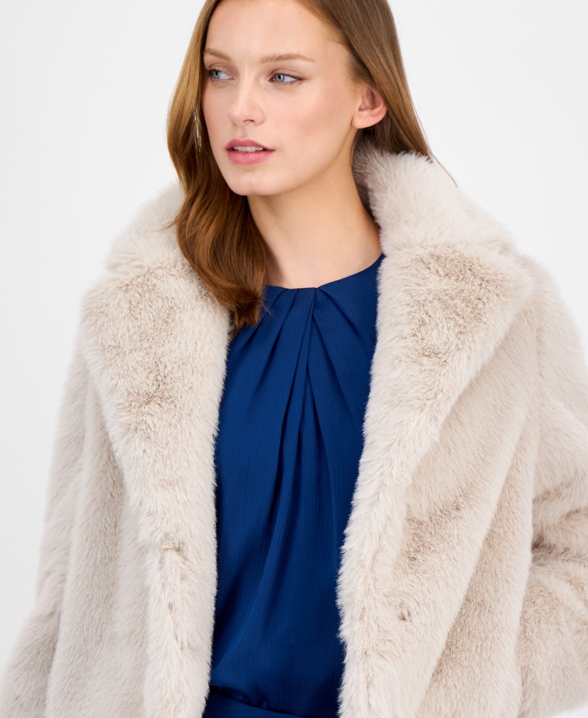 Anne Klein Petite Notch-collar Crop Faux-fur Jacket In Neutral