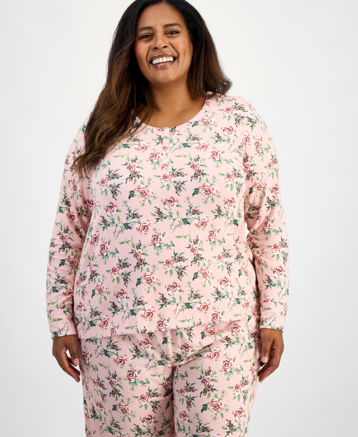 Charter Club Plus Long-Sleeve Henley Knit Pajama Set