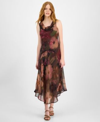Robbie Bee - Petite Printed Cowlneck High-Low Midi Dress
