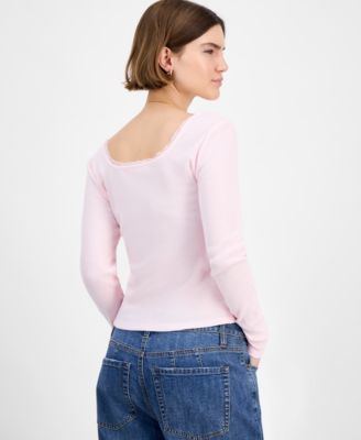 Juniors' Floral-Print Lace-Trim Top