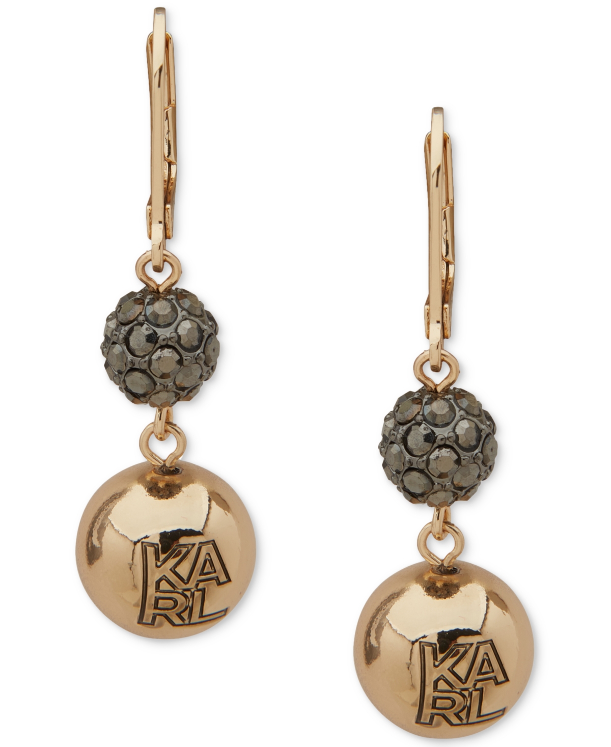 Karl Lagerfeld Pave Fireball & Logo Bead Double Drop Earrings