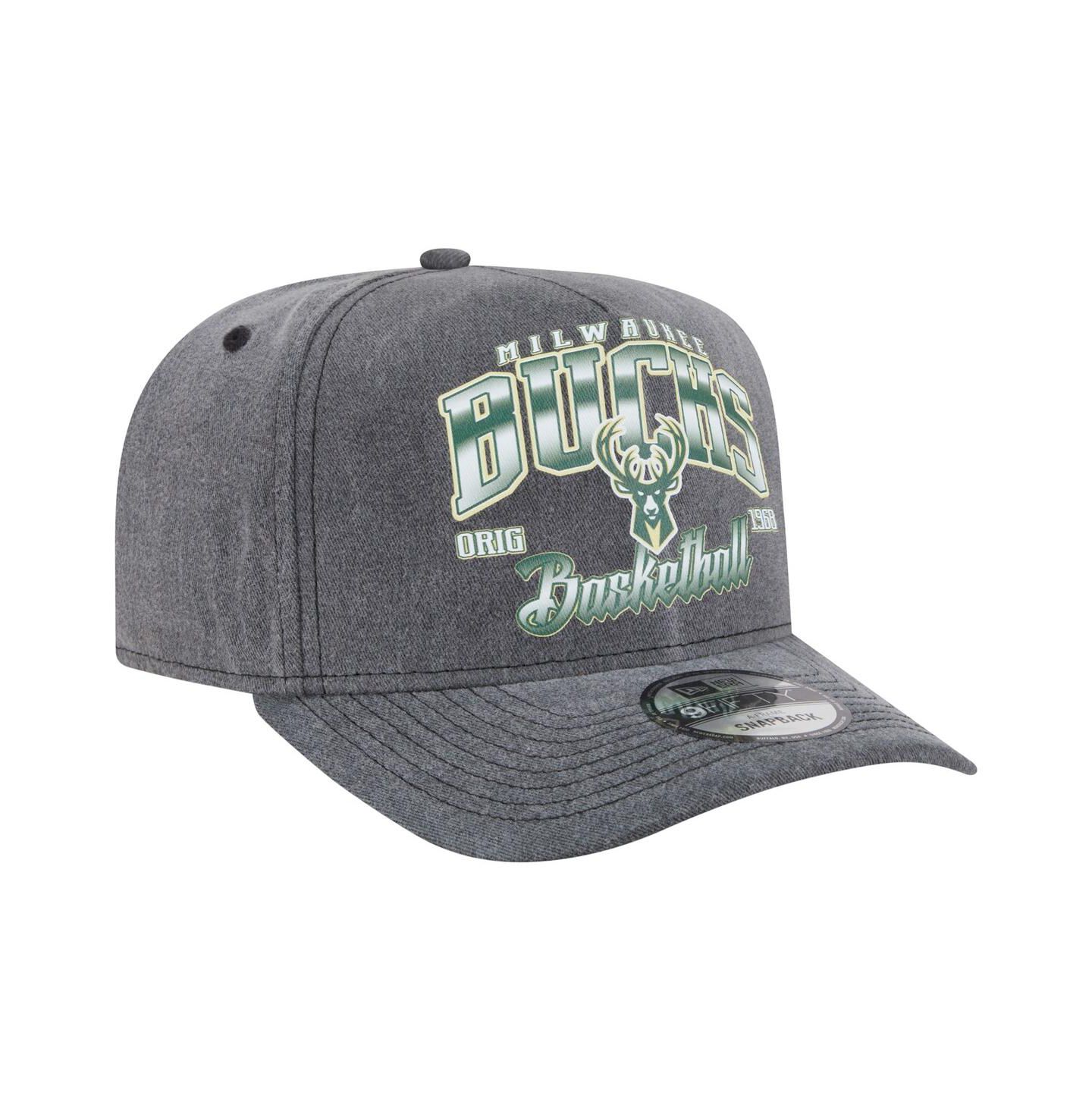 Мужская кепка New Era Charcoal Milwaukee Bucks Throwback Washed Pre-Curved 9FIFTY Snapback Hat — фото 3