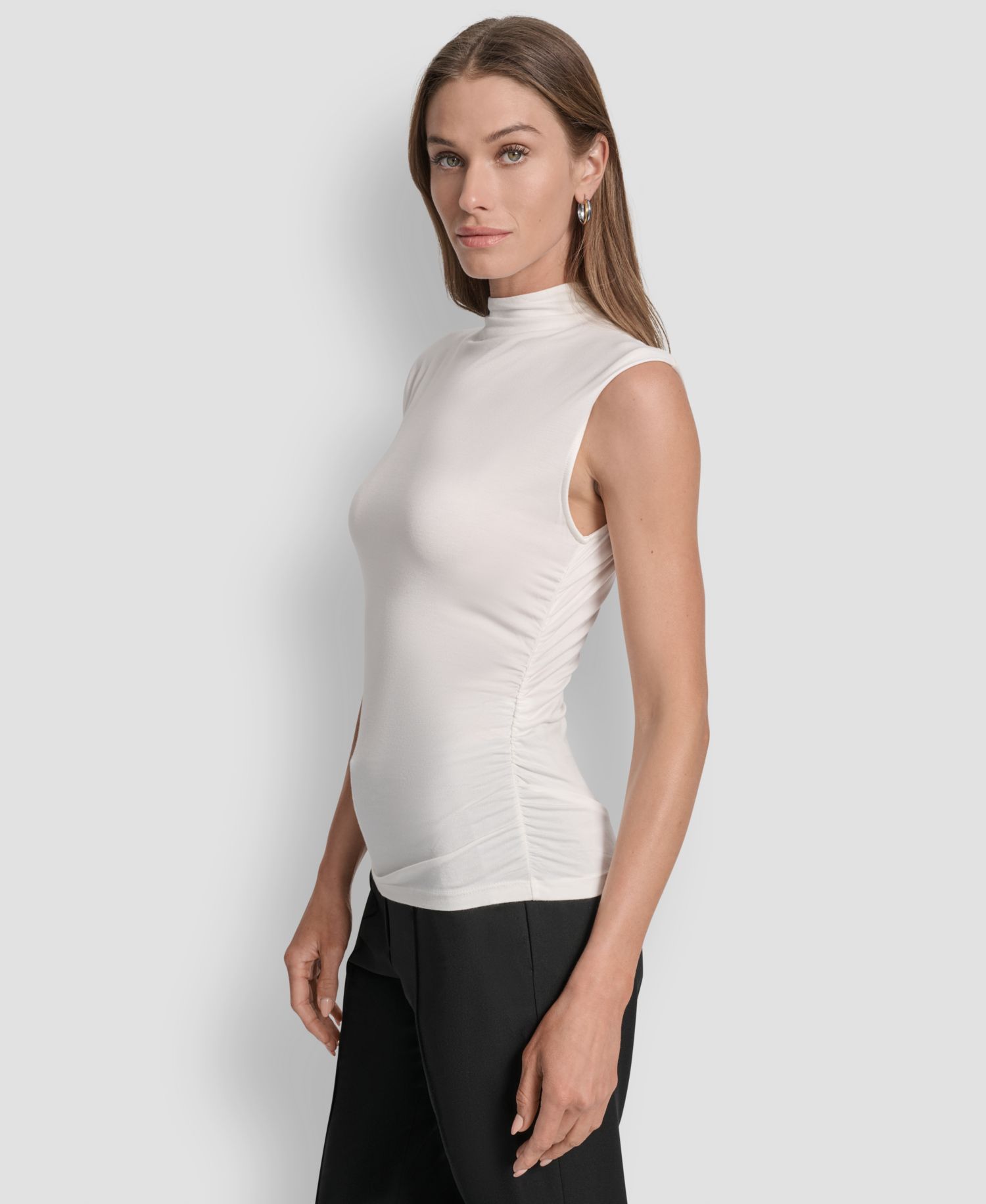 Petite Mock-Neck Sleeveless Side-ruched Knit Top