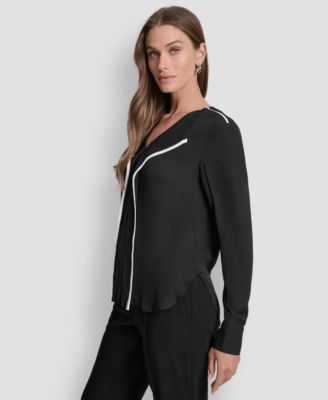 Women's Long Sleeve Trimmed Lapel Blouse, Regular & Petite