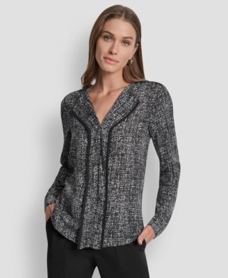 DKNY - Women's Printed Contrast-Trim V-Neck Top