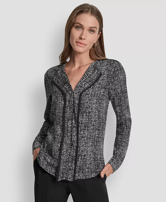 Women's Printed Contrast-Trim V-Neck Top