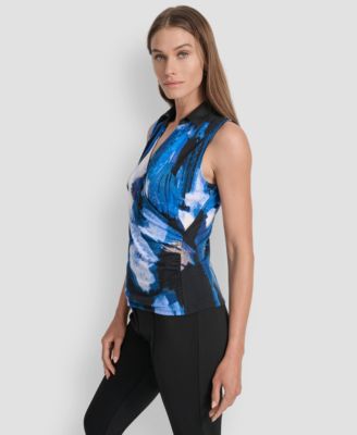 Women's Printed Contrast-Collar Surplice Top