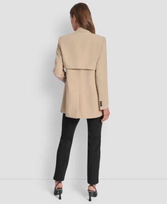 Dkny Womens Double Breasted Peak Lapel Trench Jacket Sleeveless Side Slit Ruched Top Faux Leather Trim Po In Neutral
