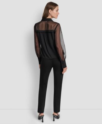 Women's Mixed-Media Organza Long-Sleeve Blouse