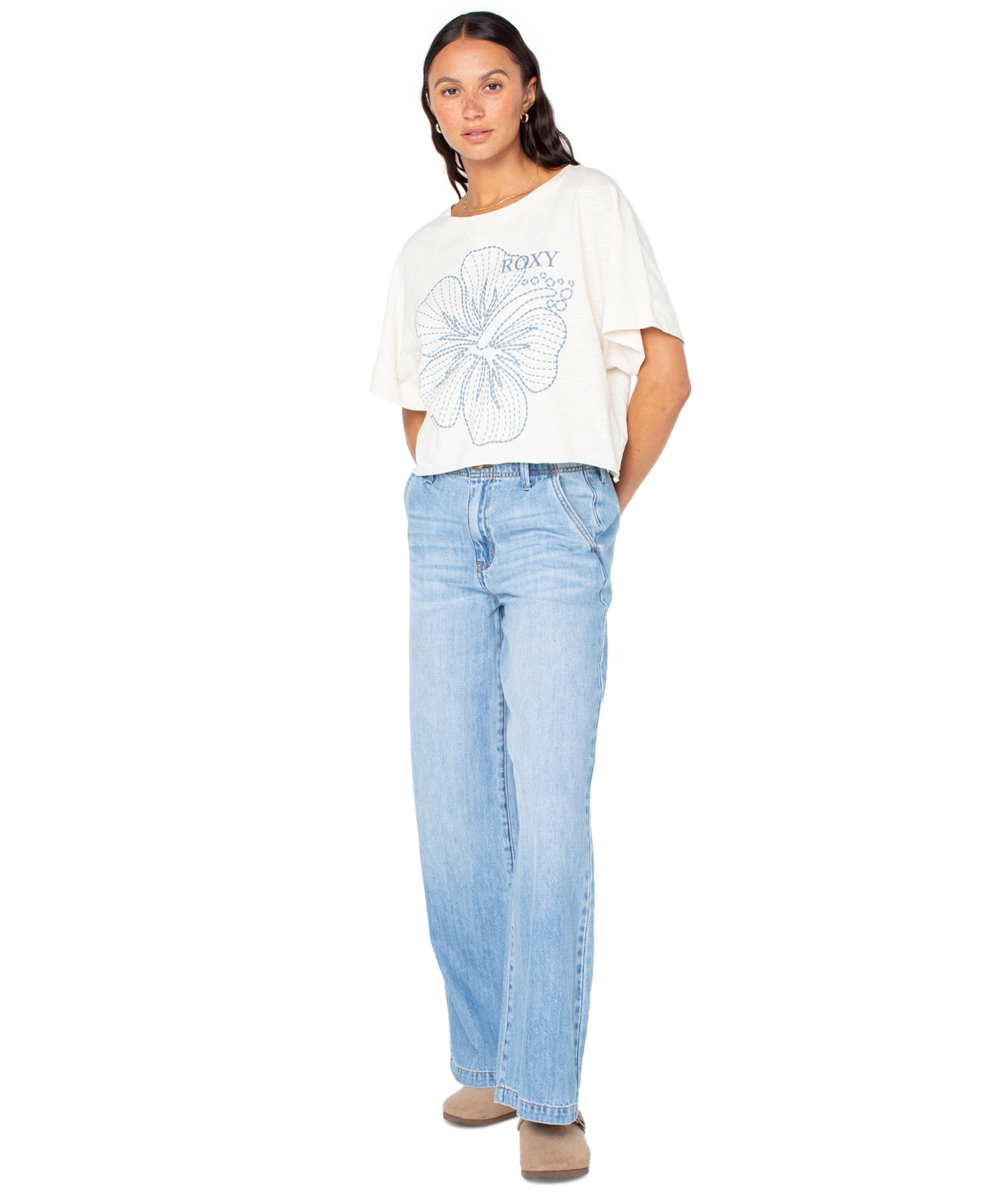 Roxy Juniors' Stitched Bloom Cropped Cotton T-shirt In White