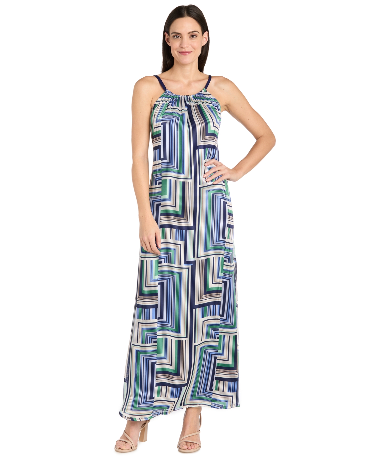 Women's Sleeveless Shirred-Collar Maxi Dress - Blue/Green