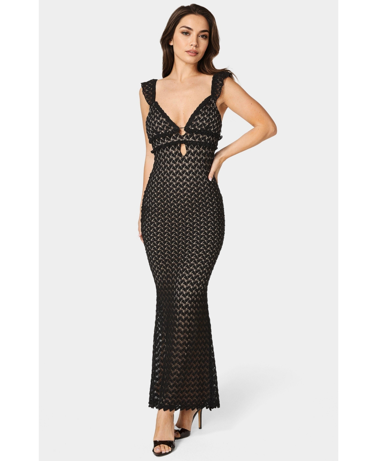 Women's Lace Keyhole Maxi Dress - Black nude