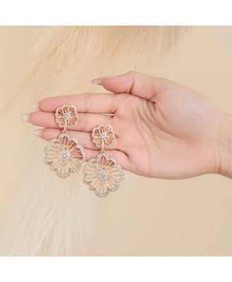 Gold-Tone Floral Drop Earrings with Pave Crystal Accents