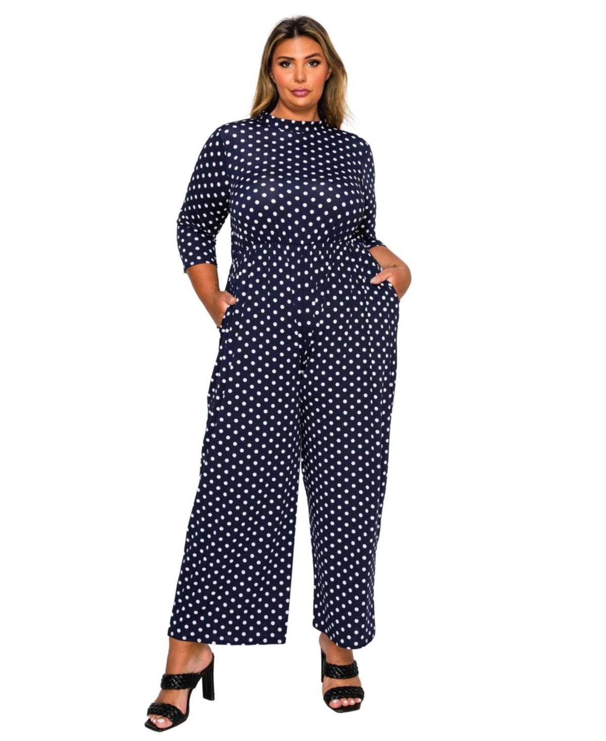 Plus Size Lunette Dot Wide Leg Jumpsuit - Navy white
