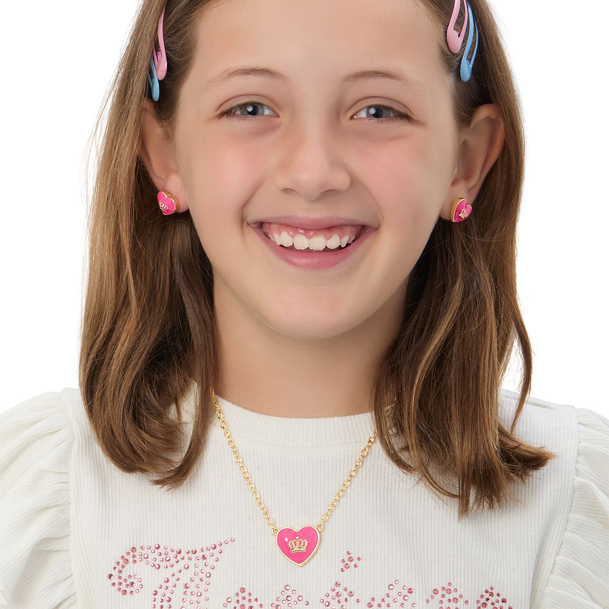Juicy Couture Kids 주시 꾸뛰르 15'' + 2'' 크라운 로고 하트 펜던트 목걸이