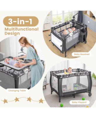 Kids Portable Playard Nursery Center Crib with Hanging Toys & Music Box